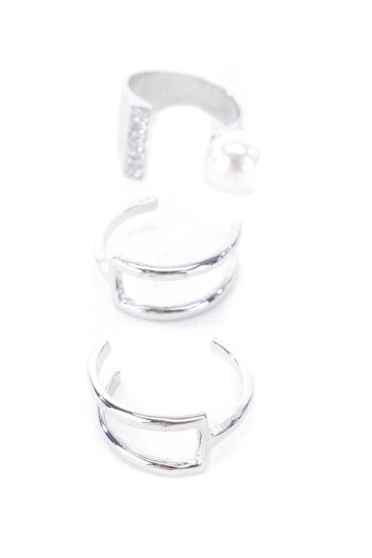 Silver High Polish Cut Out Rhinestone Shimmer Beaded Ring Set