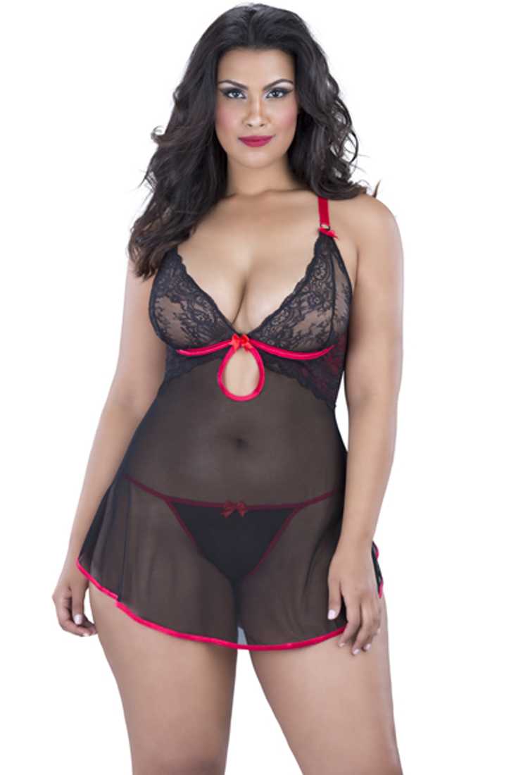 Black Red Lace Mesh 2Pc. Plus Size Lingerie Baby Doll Set