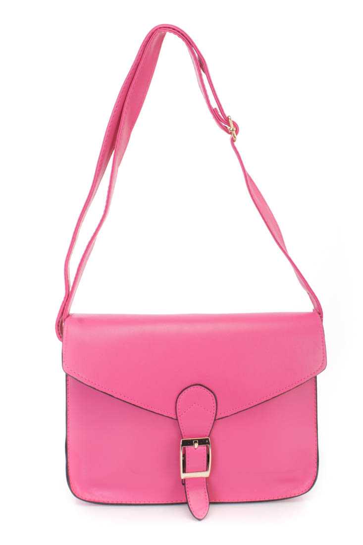 Hot Pink Faux Leather Messenger Bag