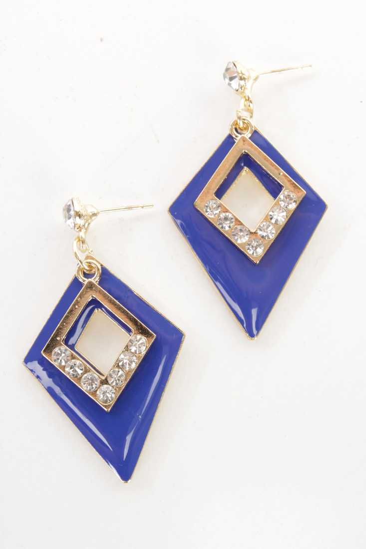 Royal Blue Diamond Shape Rhinestone Decor Dangling Earrings