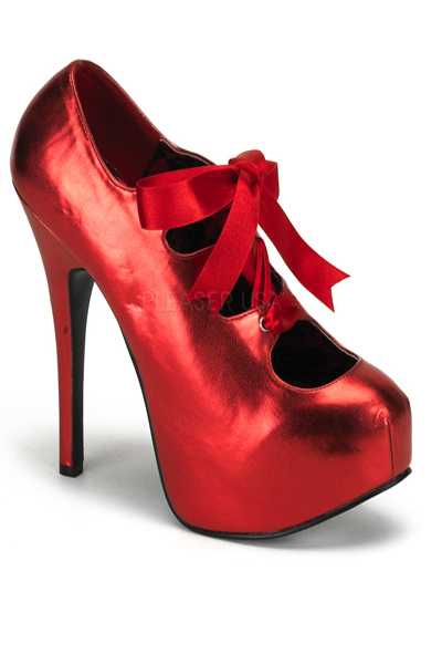 Red Patent Metallic Satin Lace Ribbon Platform Pump High Heels