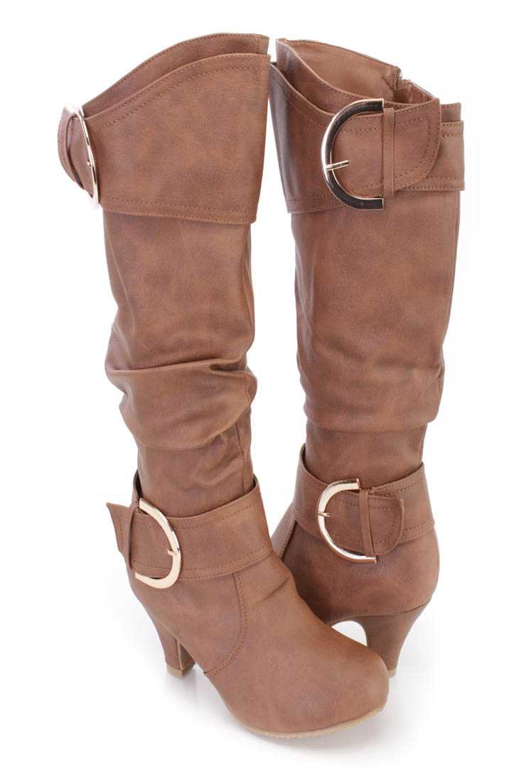 Tan Slouchy Strappy Heel Boots Faux Leather