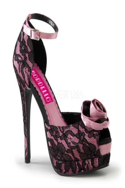 Hot Pink Black Satin Lace Overlay Floral Peep Toe High Heels
