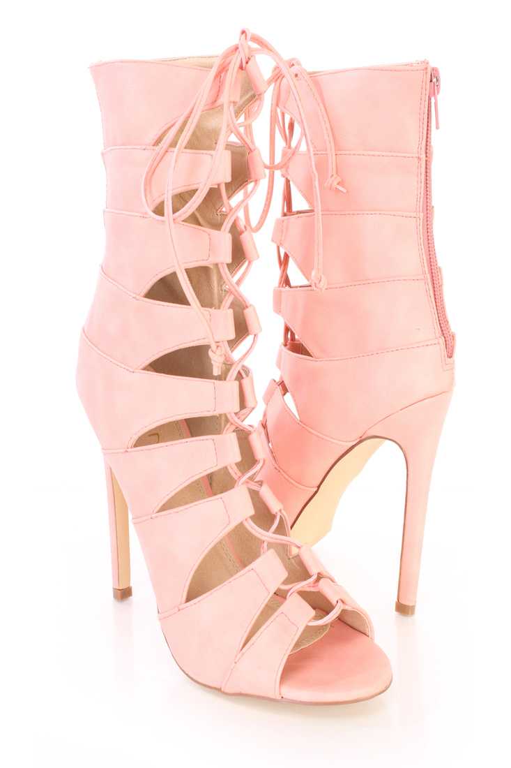 Coral Strappy Peep Toe Sandal Booties Faux Leather