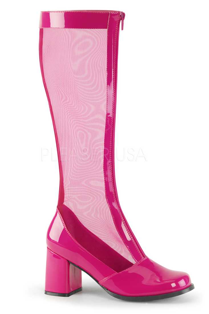 Hot Pink Mesh Front Zipper Shaft Block Heel Boots Patent