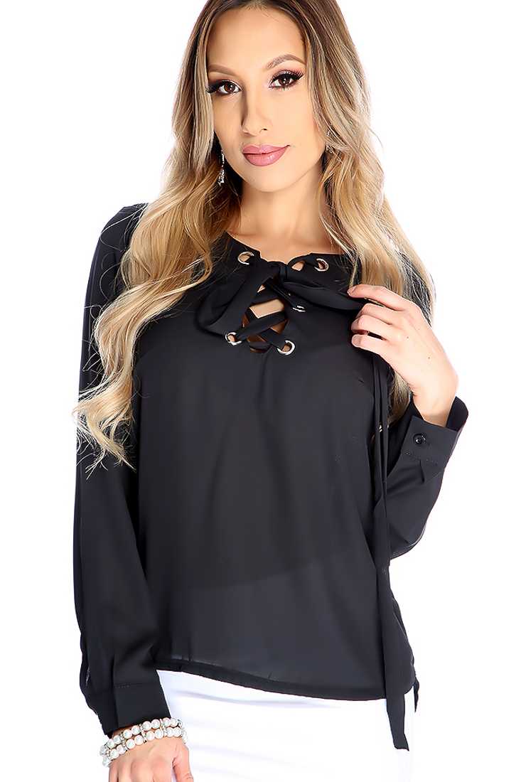Black Long Sleeve Lace Up Front Light Weight Casual Top