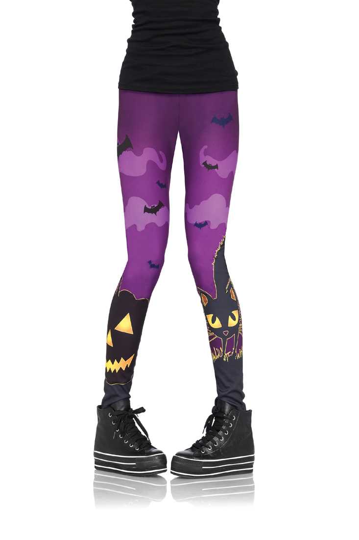 Black Purple Spooky Cat Print Leggings