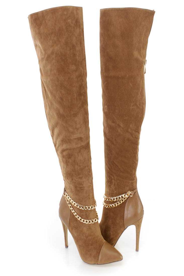 Camel Chain Strap Thigh High Heel Boots Velvet