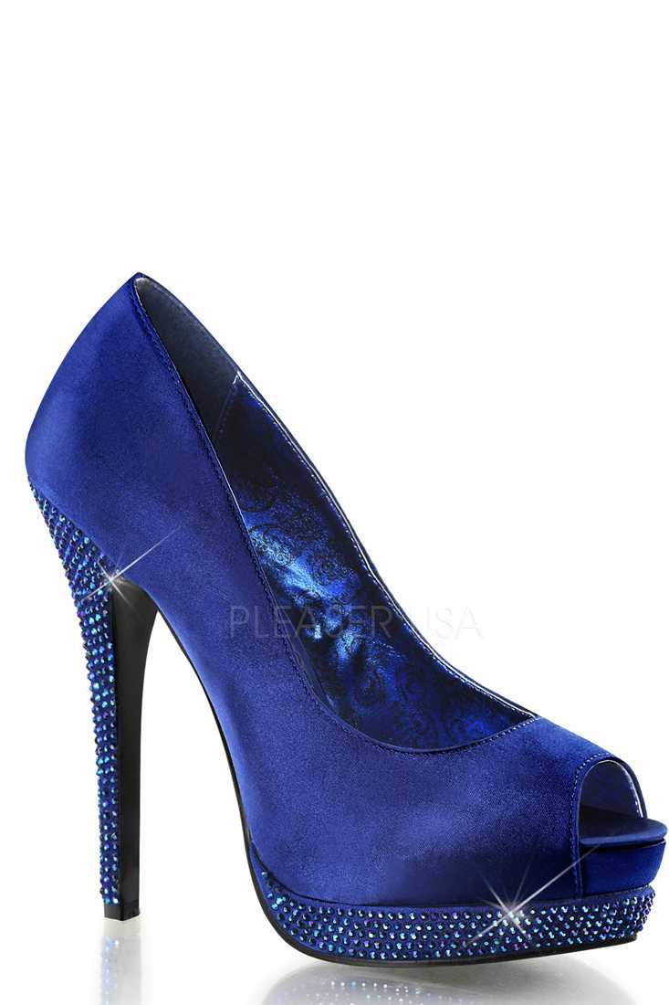 Royal Blue Peep Toe Rhinestone Platform Pump High Heels Satin