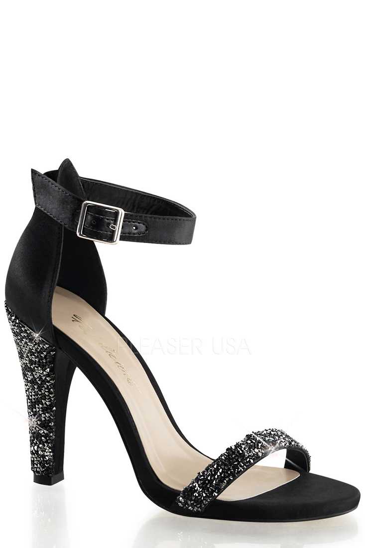 Black Rhinestone Embellished Strap High Heels Satin