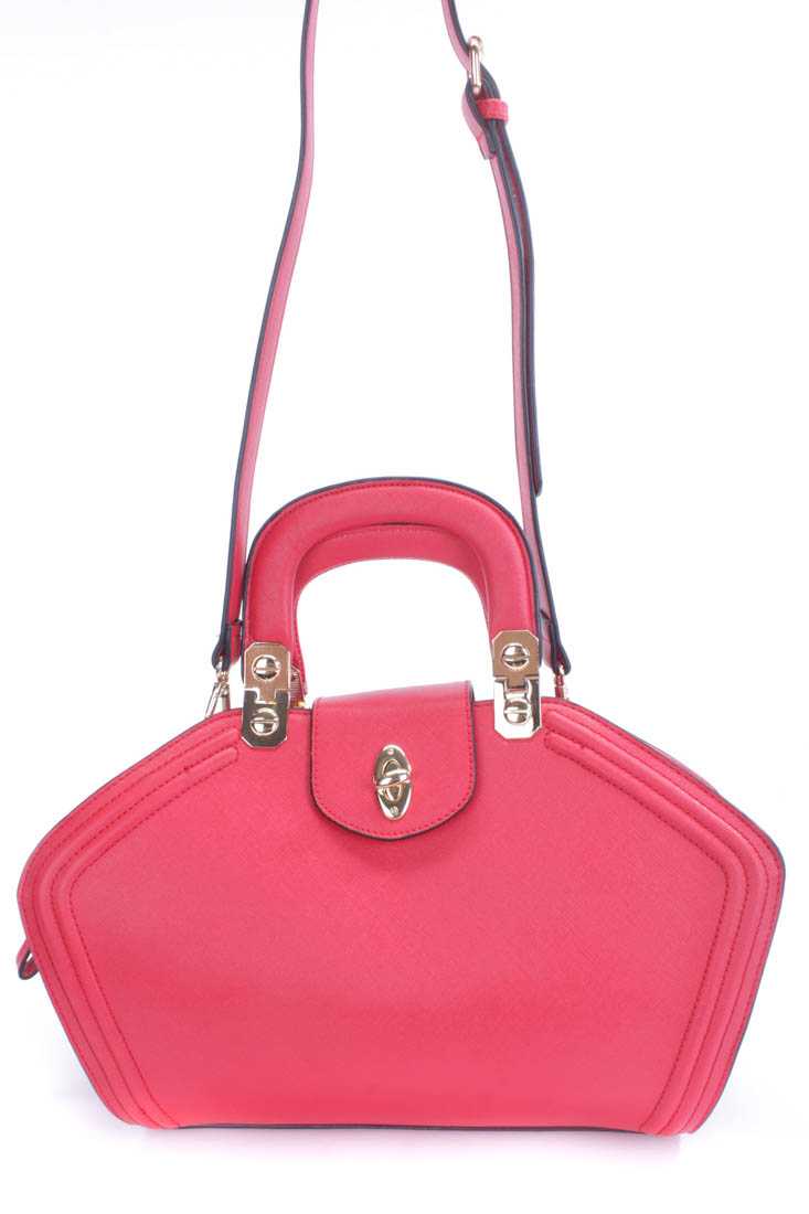 Red Faux Leather Tote Twist Lock Handbag