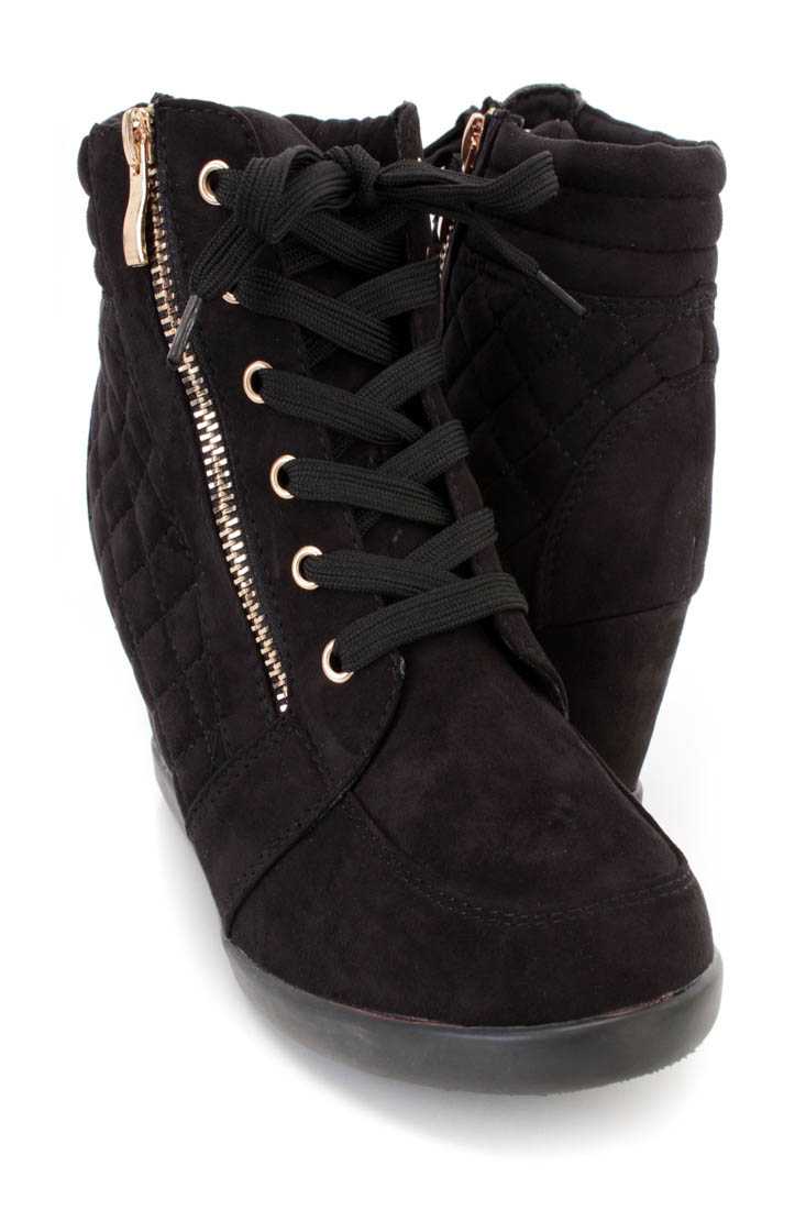 Black Quilted Lace Up Sneaker Wedges Faux Suede