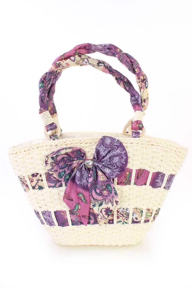 Purple Straw Ribbon Woven Bow Accent Handbag