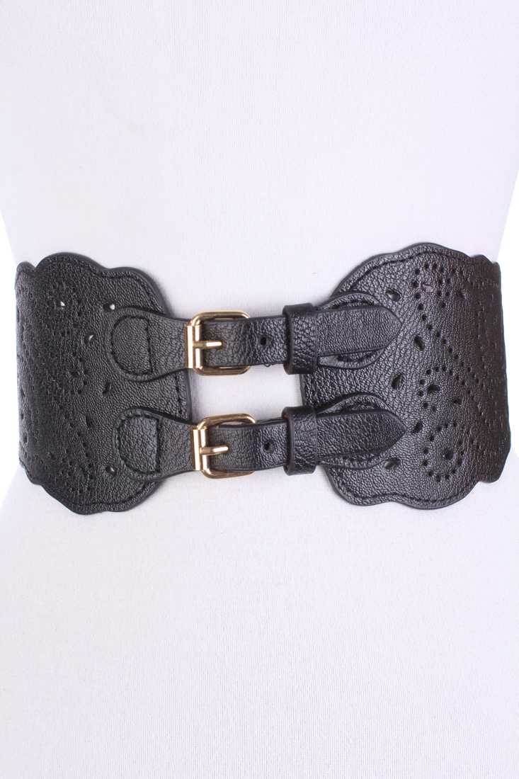 Black Faux Leather Perforated Accent Elastic Belt