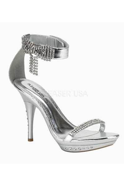 Silver Metallic Faux Leather Rhinestone High Heels