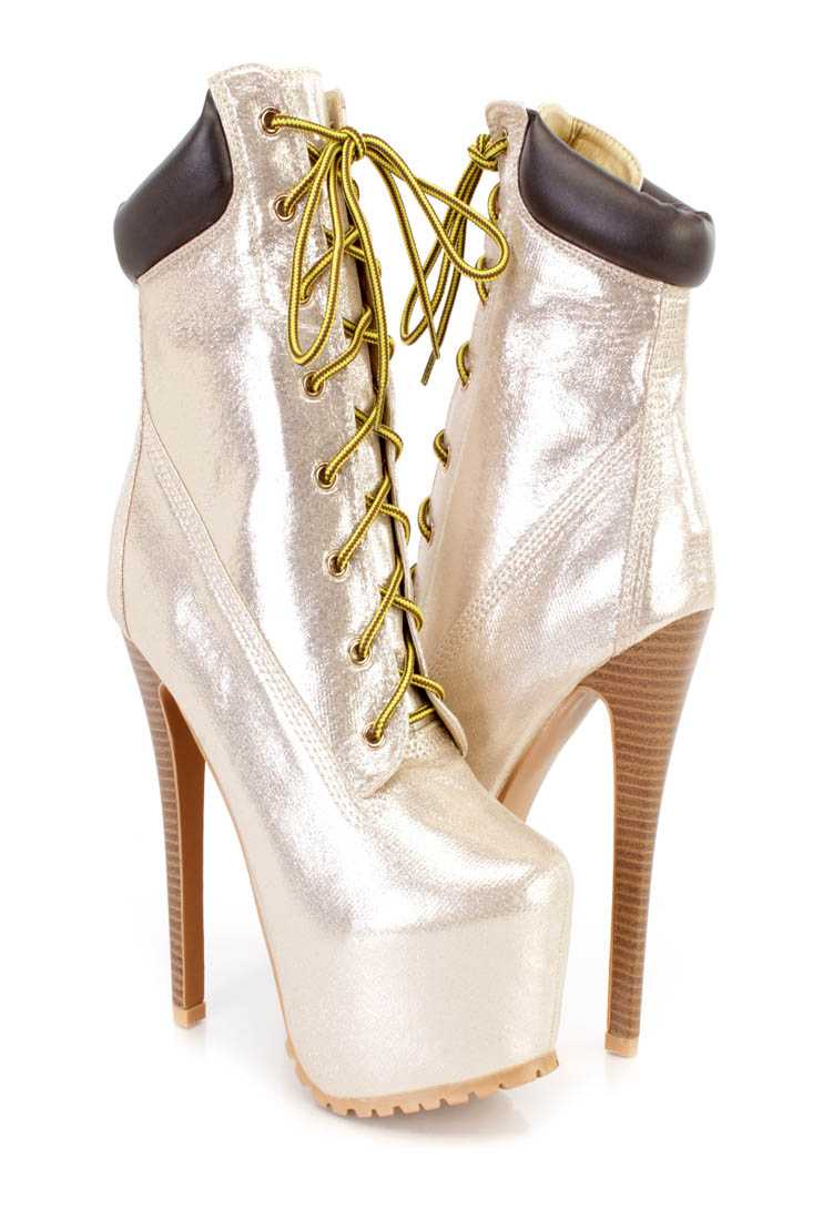 Gold Lace Up Platform High Heel Booties Shimmer Fabric