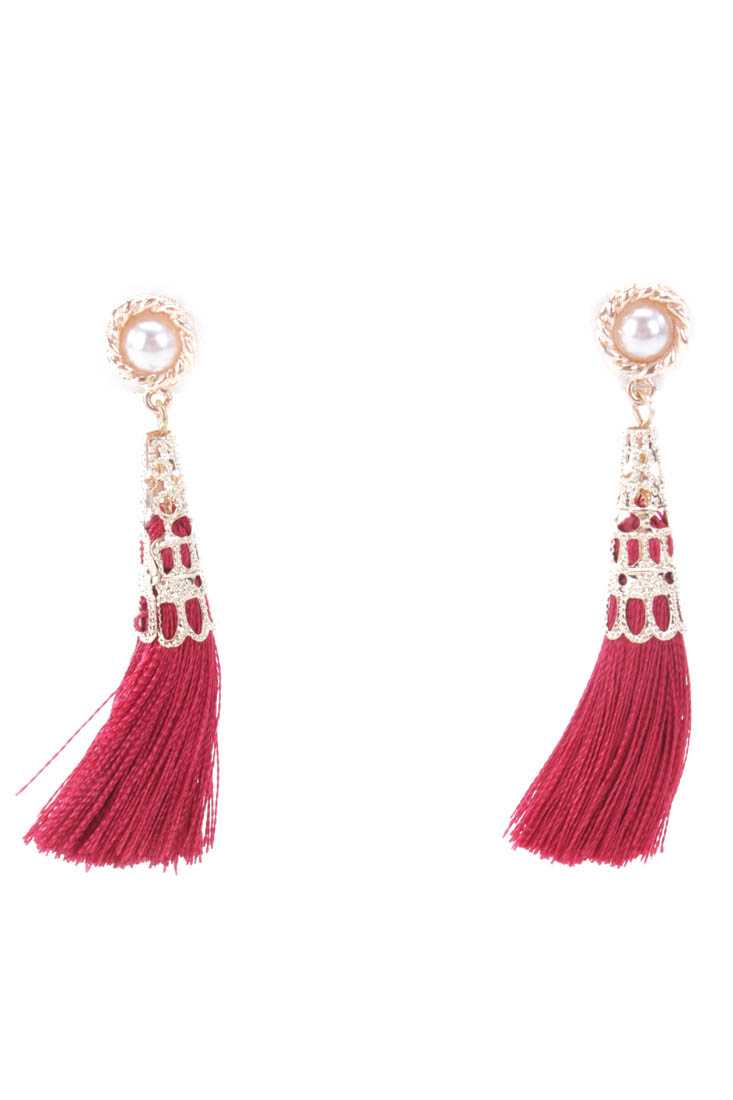 Burgundy High Polish Intricate Shimmer Beaded Tassel Earrings