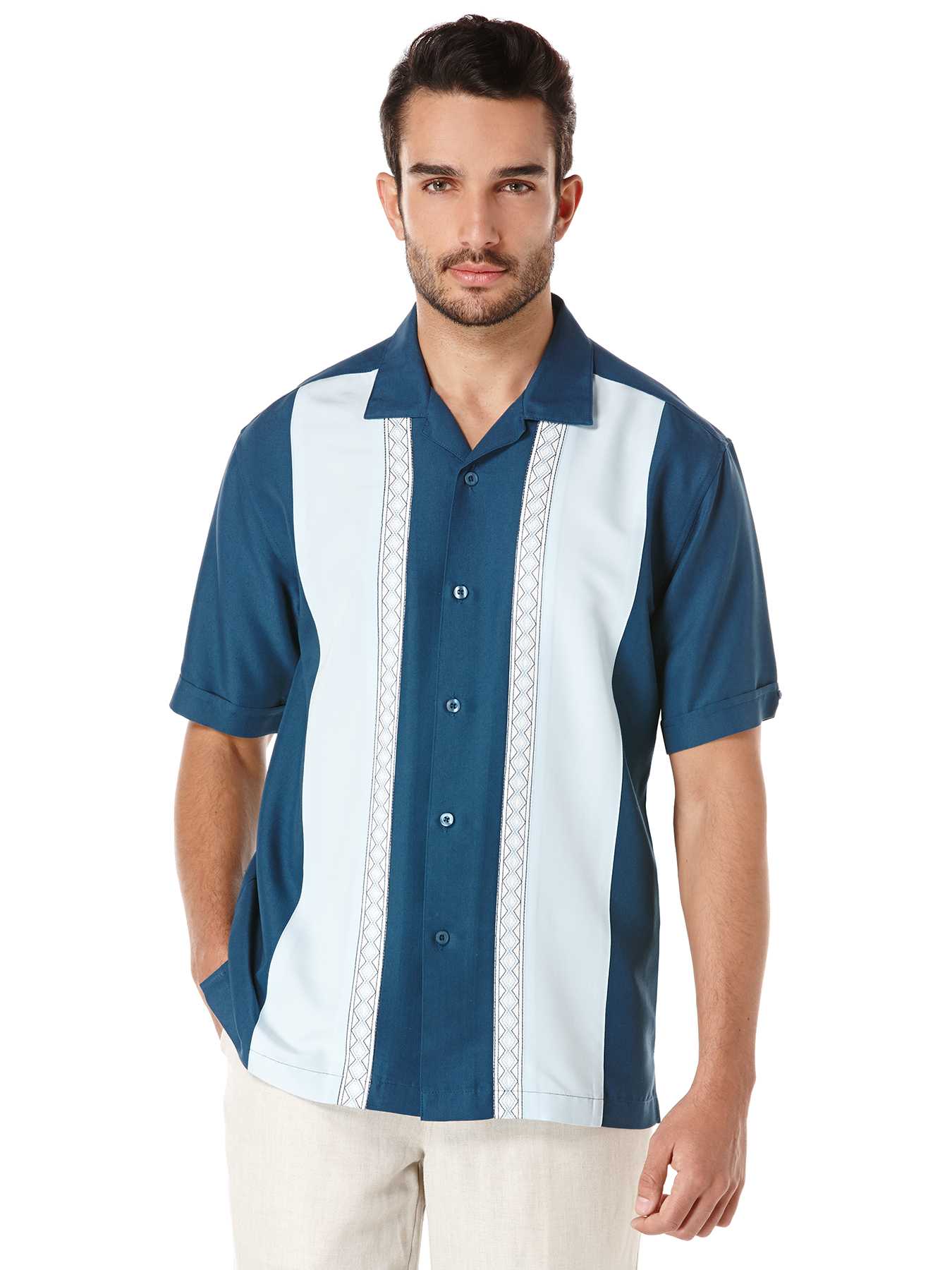 Cubavera Short Sleeve Tri-Color Panel Shirt With Ombre Geo Embroidery