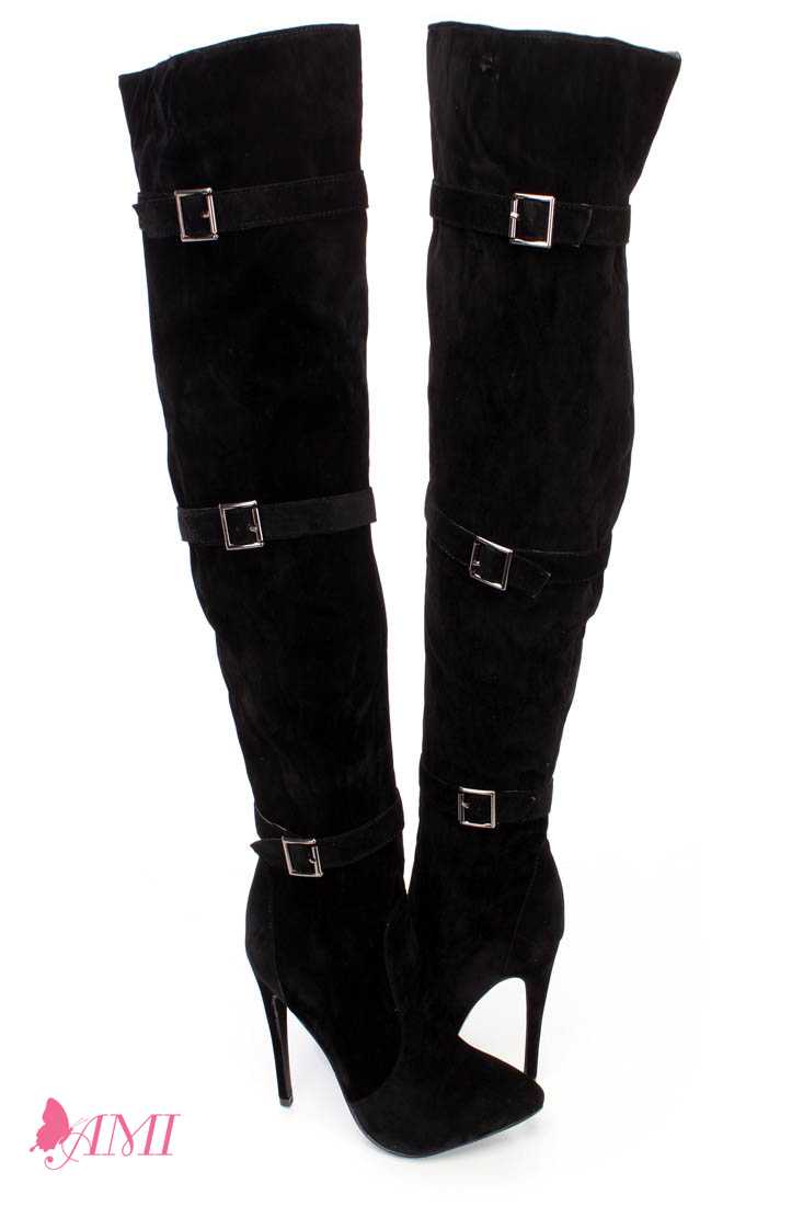 Black Sexy Buckle Strap Thigh High Heel Boots Faux Suede