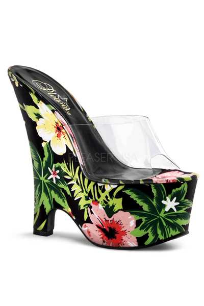 Clear Black Floral Print Platform Wedges