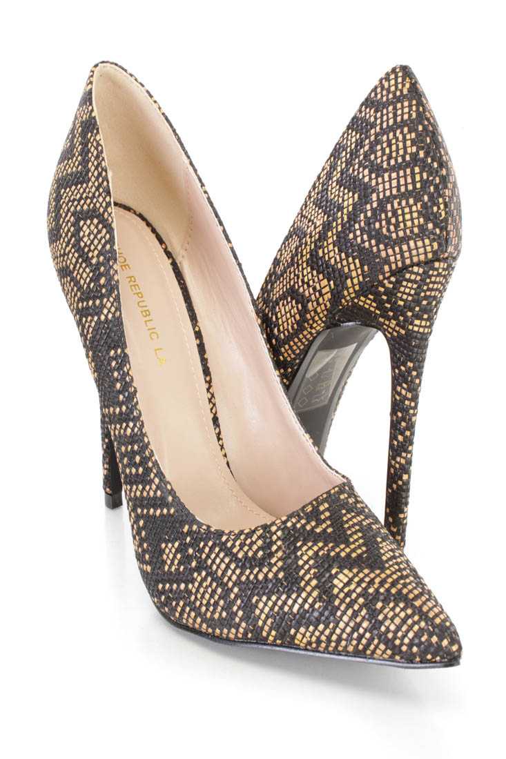 Black Chevron Woven Single Sole Pump Heels Straw