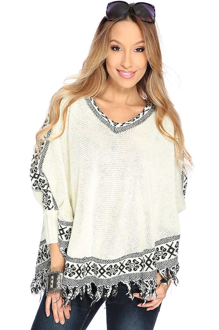 Ivory Knitted Design Fringe Poncho