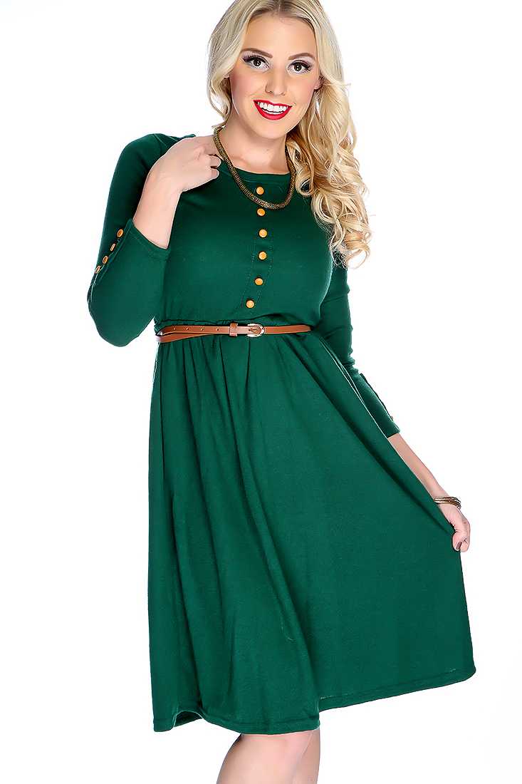 Hunter Green Long Sleeves Button Up Closure Belted Sweater Dress