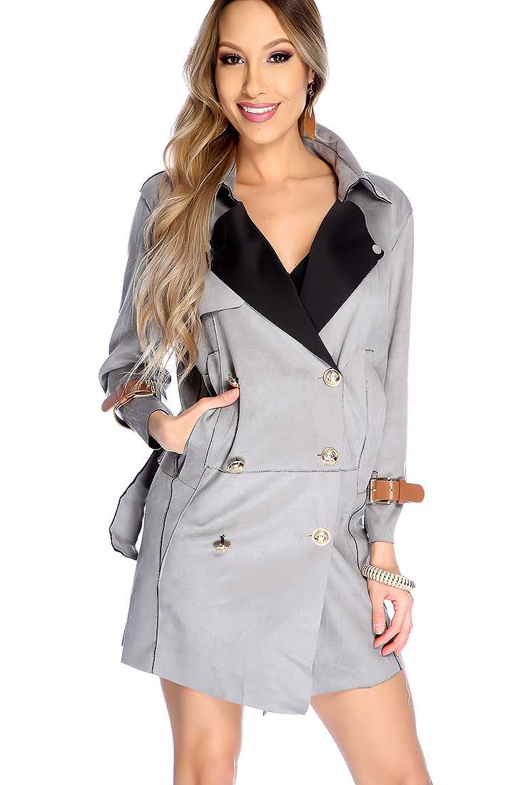 Grey Long Sleeve Button Up Belt Detailed Coat