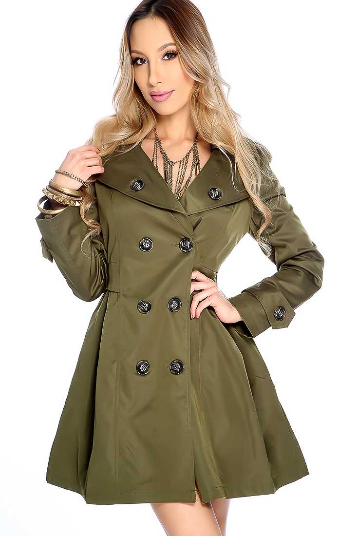 Stylish Army Green Long Sleeve Button Detail A Line Coat