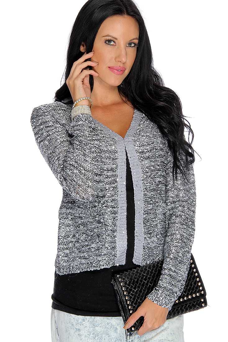 Silver Long Sleeve Tinsel Knit Sequin Accent Cardigan