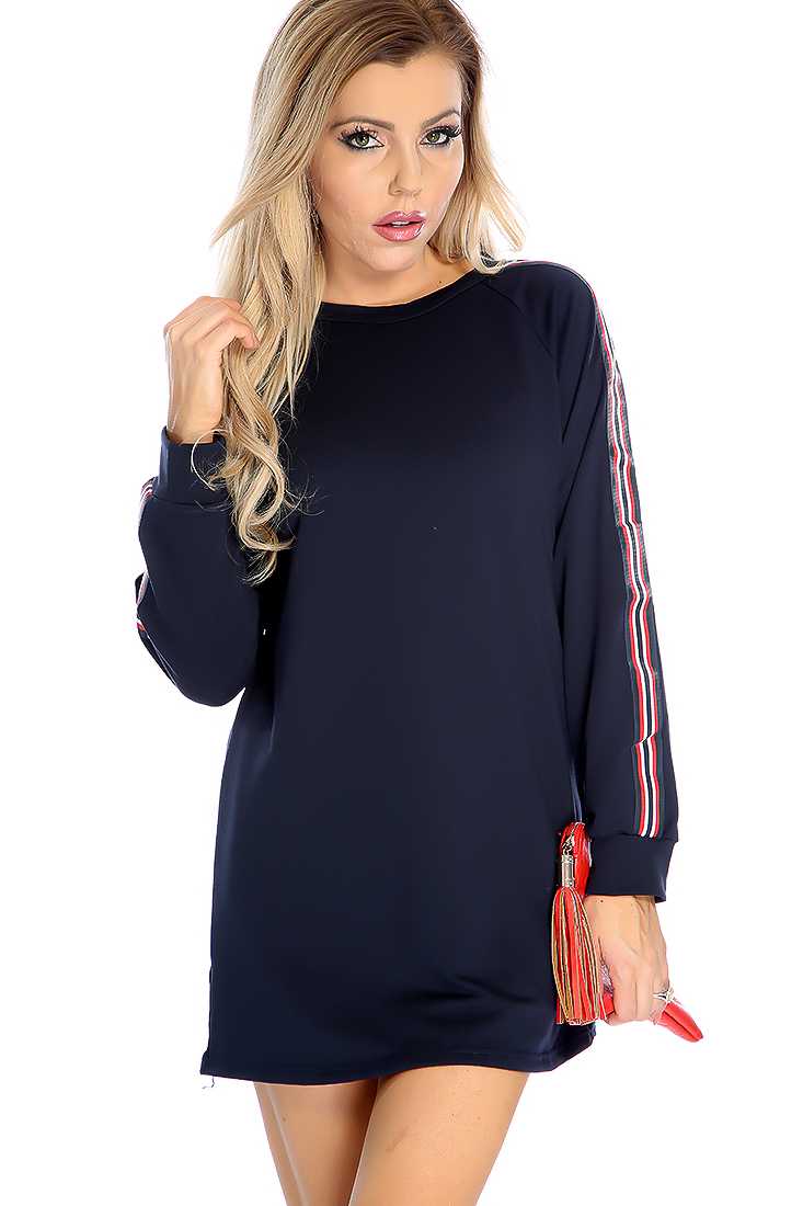 Navy Striped Long Sleeve Casual Dress