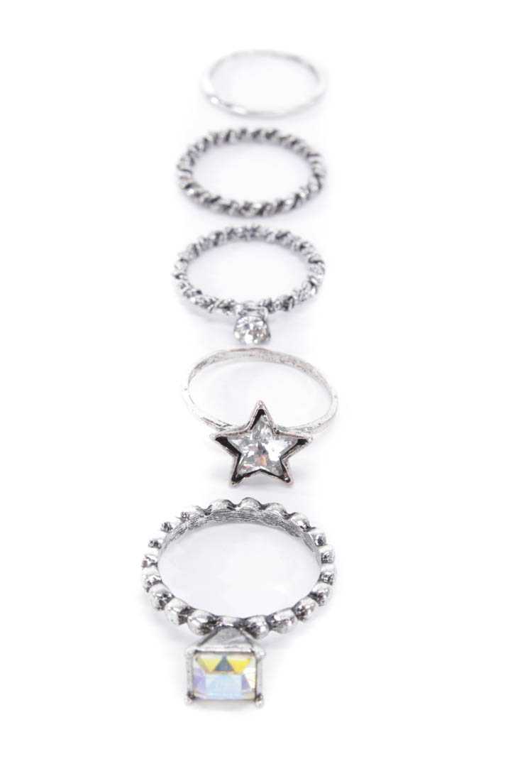 Silver Rhinestone Accent High Polish Ring Set