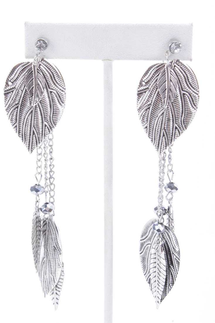 Grey Silver Textured Leaf Chain Beaded Earrings