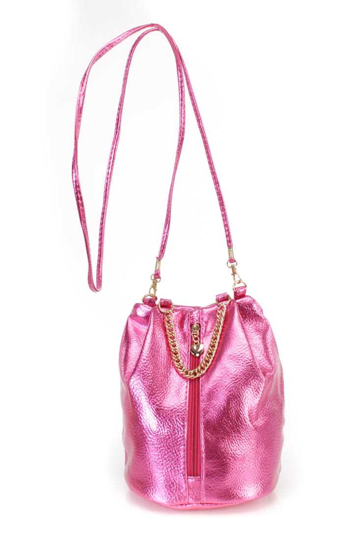 Fuchsia Crinkle Faux Leather Bucket Handbag