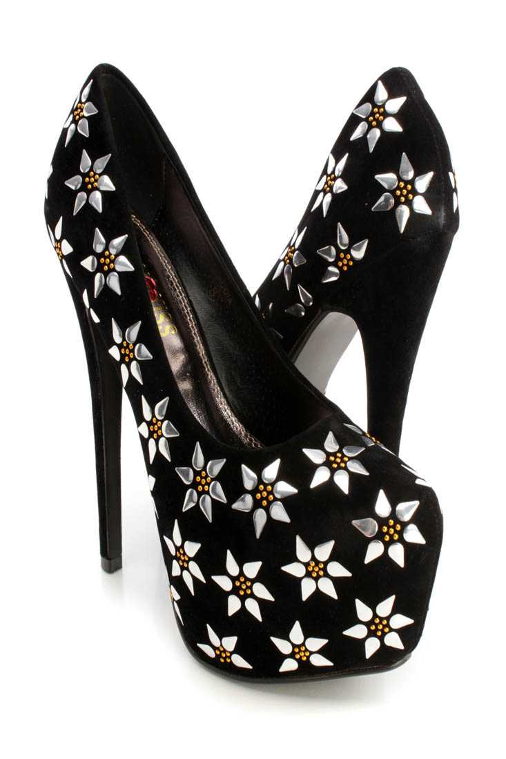 Black Floral Platform Pump 6 Inch High Heels Faux Suede