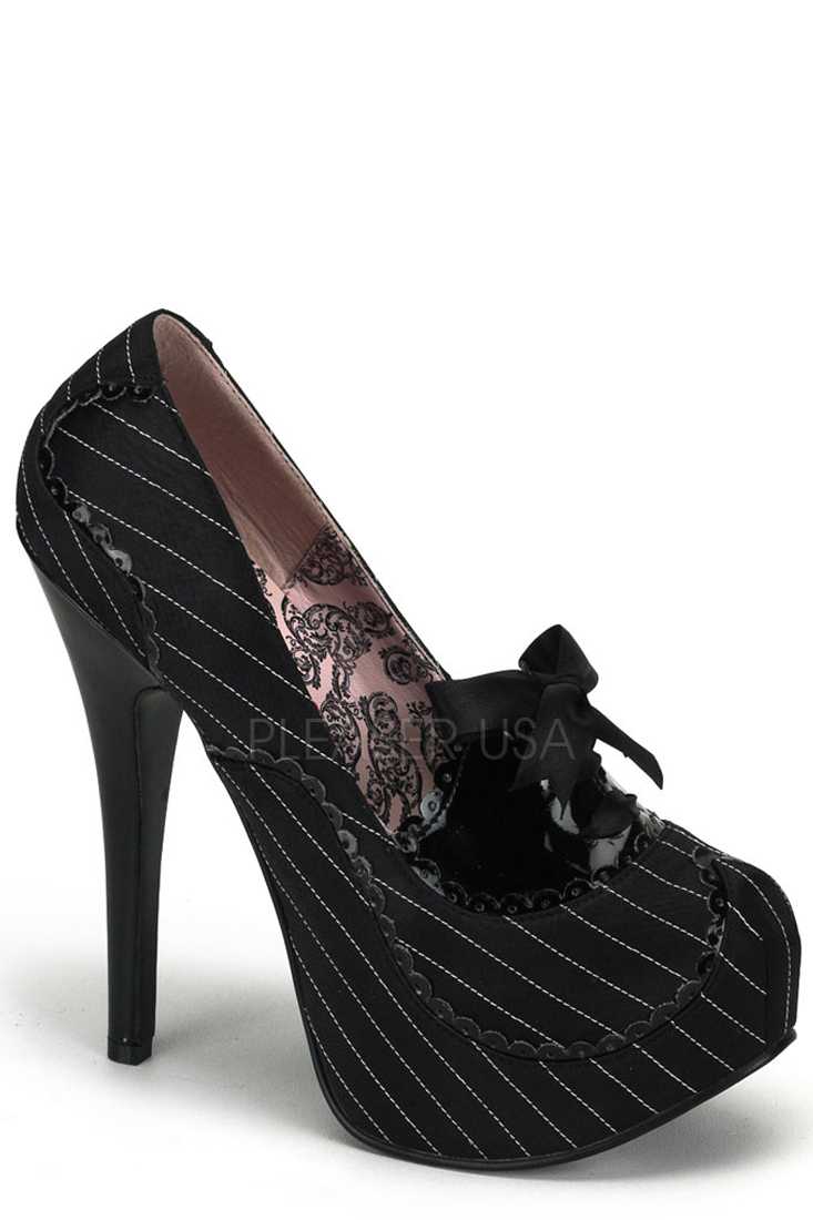 Black Pinstripe Scalloped Trim Platform High Heels Satin