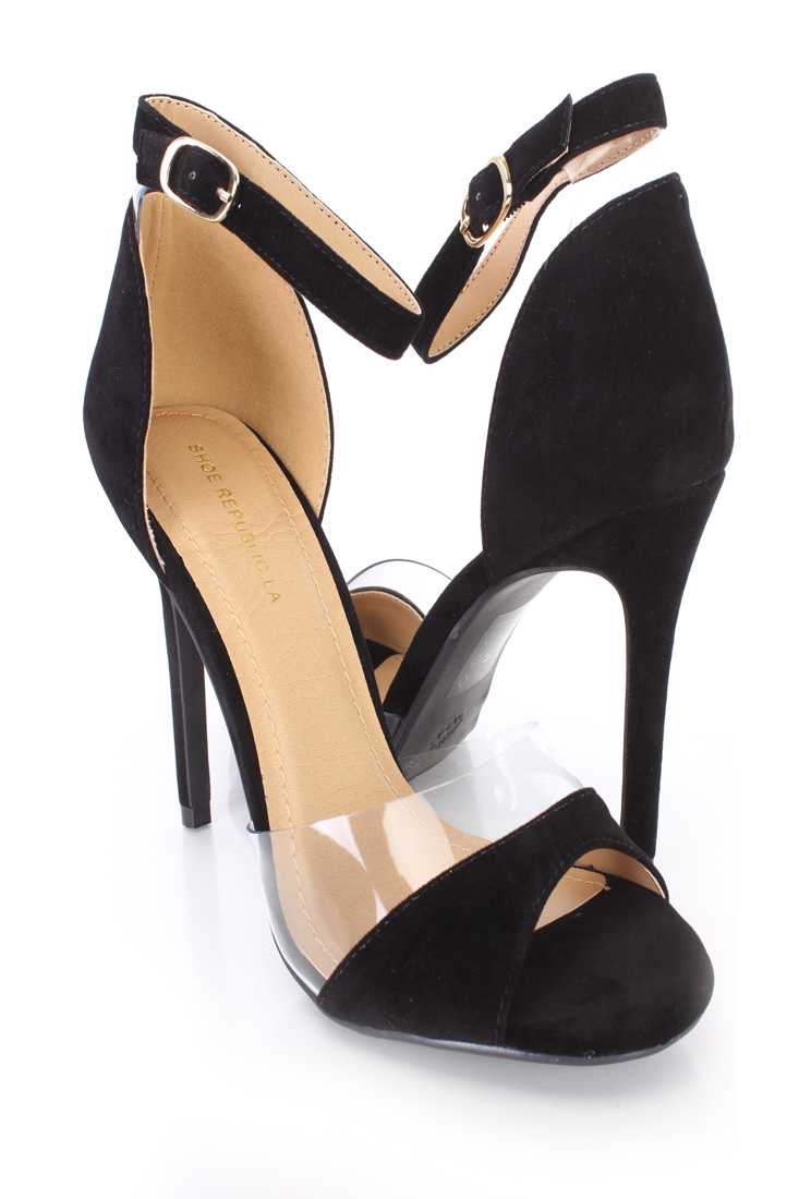 Black Clear Trim Peep Toe Single Sole High Heels Velvet
