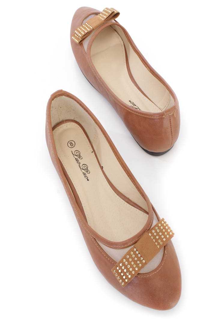 Camel Bow Tie Rhinestone Decor Ballerina Flats Faux Leather