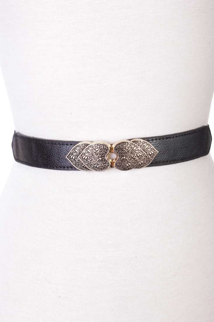 Black Faux Leather Heart Intricate Design Elastic-band Waist Belt
