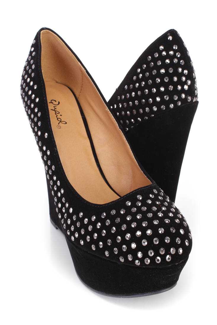 Black Rhinestone Platform Wedges Velvet