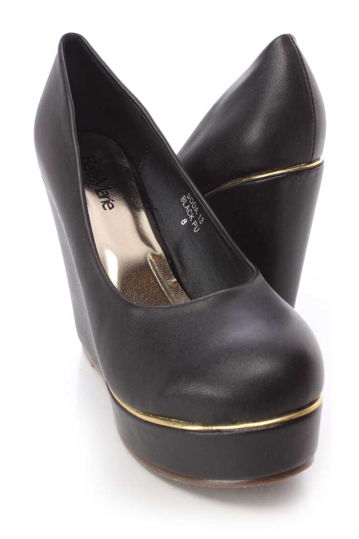 Black High Polished Trim Wedges Faux Leather
