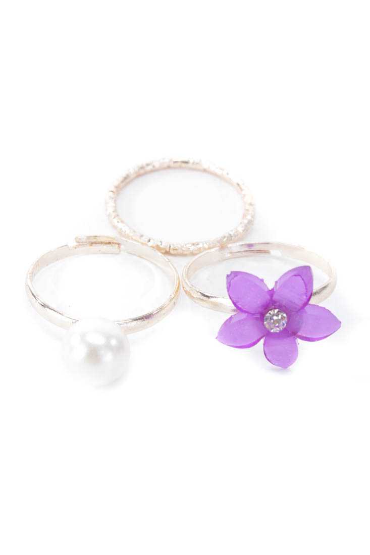 Purple High Polish Metal Flower Ring Set