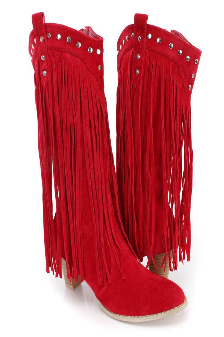 Burgundy Studded Long Fringe Western Boots Faux Suede