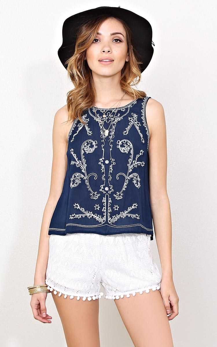 India Flyaway Back Woven Tank - Navy Combo in Size by Styles For Less