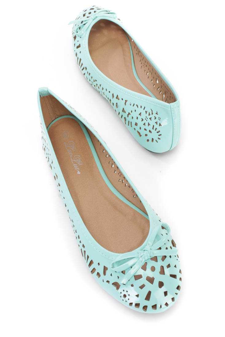 Turquoise Perforated Bow Tie Ballet Flats Patent