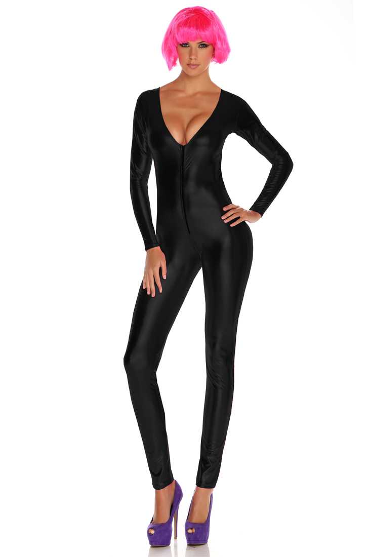 Black Metallic Zipper Front Catsuit Costume