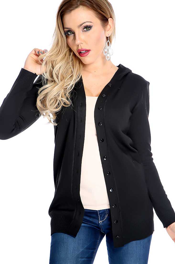 Black Button Up Long Sleeve Hooded Cardigan