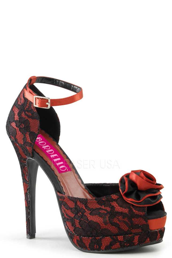 Red Black Lace Rose Bud Peep Toe High Heels Satin