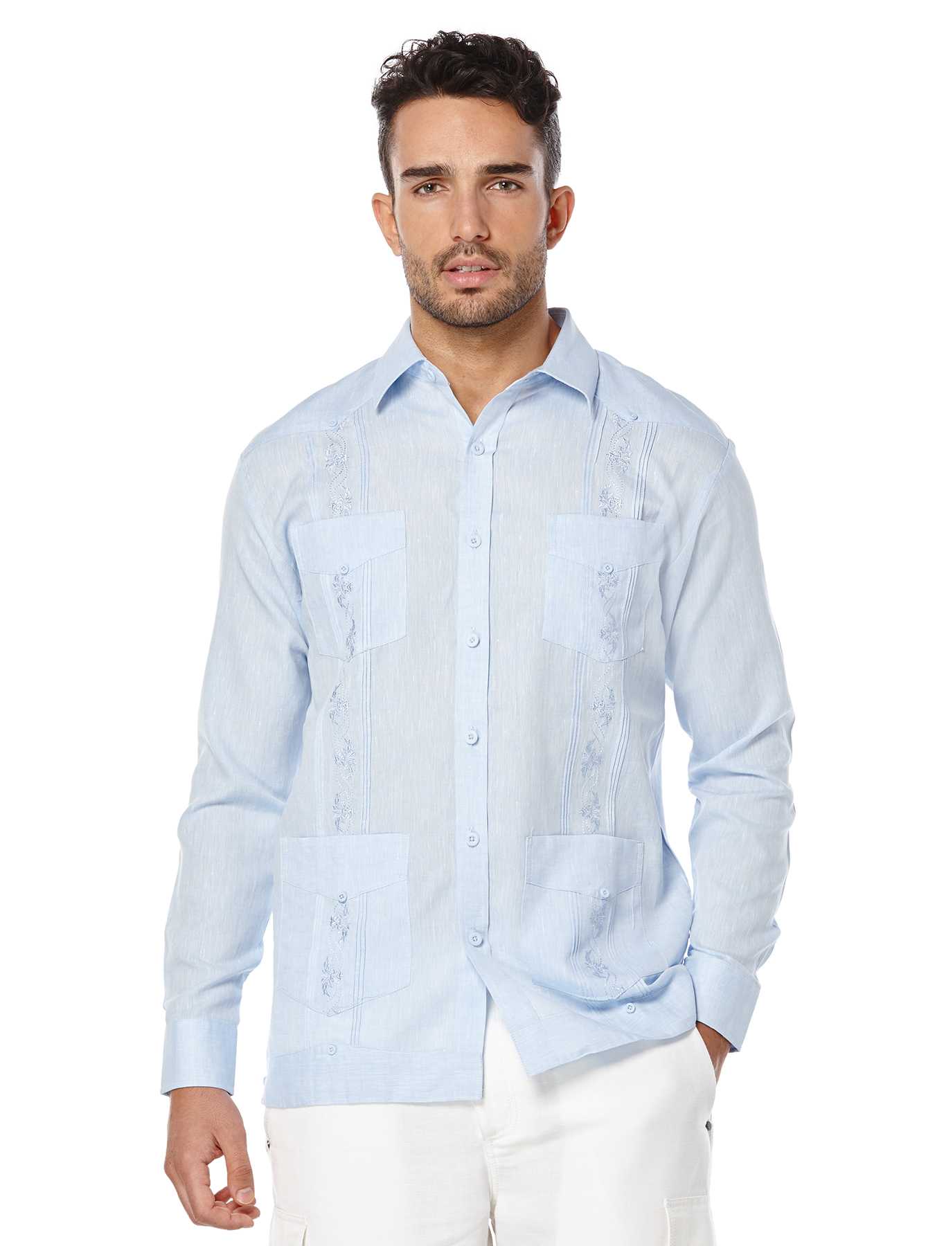 Cubavera Linen Long Sleeve 4 Pocket Guayabera With Embroidery