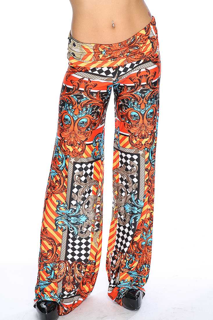 Red Orange Blue Damask Print Wide Leg Cute Casual Pants